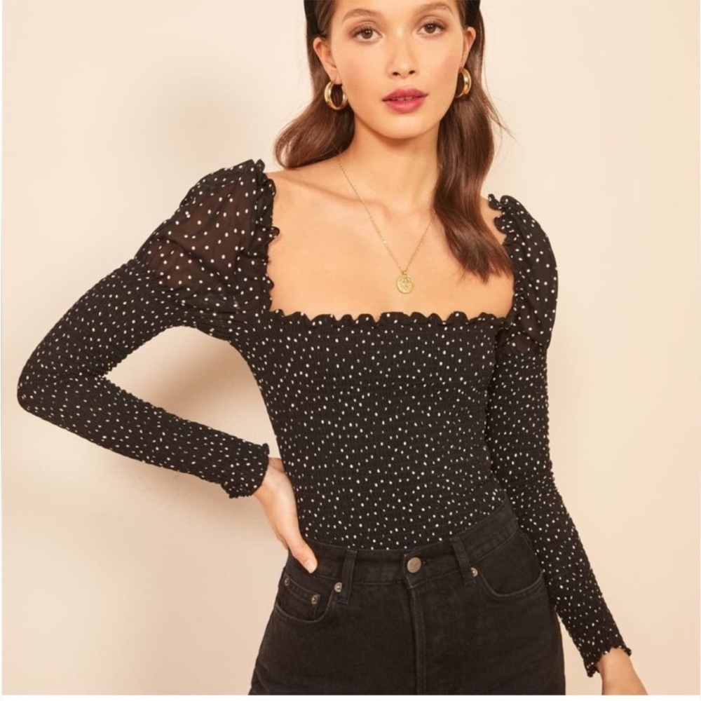 Reformation Elisabetta black polkadot top